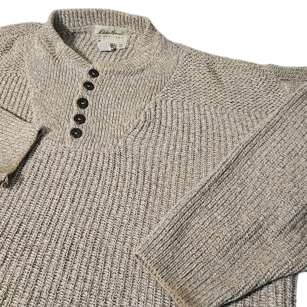 Vintage‎ Eddie Bauer Henley Sweater Men's M Chunky Knit Heavyweight Henley USA